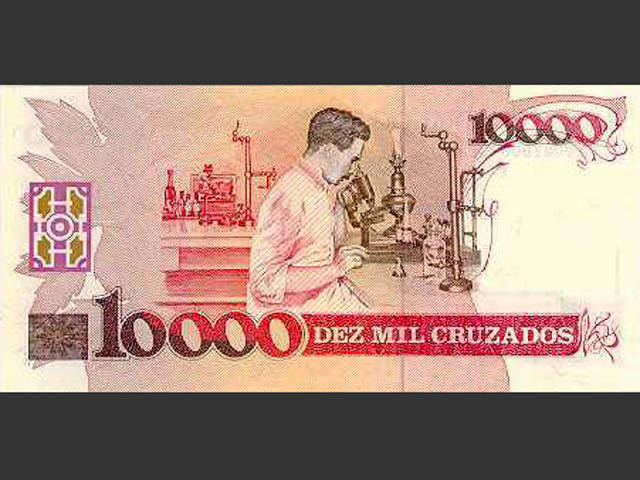 Nota de Cz$ 10 mil. O Cruzado foi a moeda vigente no Brasil de 28 de fevereiro de 1986 a 15 de janeiro de 1989