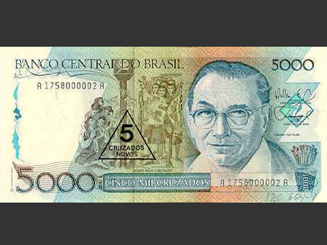 Nota de NCz$ 5. O Cruzado Novo foi a moeda vigente no Brasil de 16 de janeiro de 1989 a 15 de março de 1990