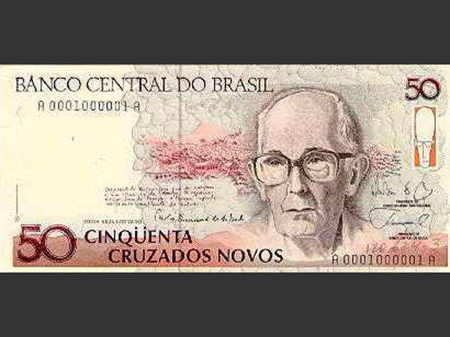 Nota de NCz$ 50. O Cruzado Novo foi a moeda vigente no Brasil de 16 de janeiro de 1989 a 15 de março de 1990