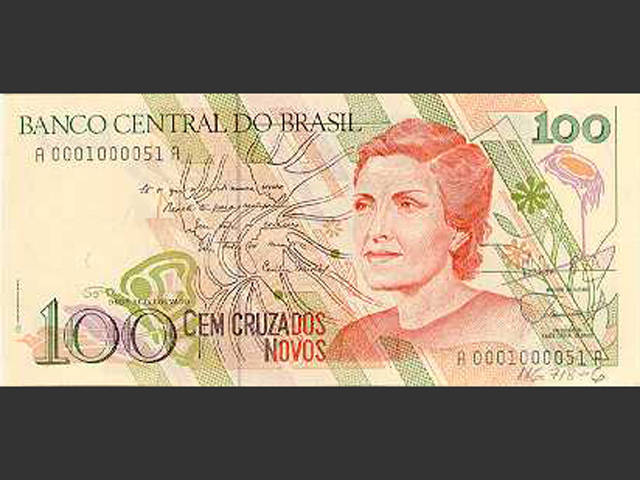 Nota de NCz$ 100. O Cruzado Novo foi a moeda vigente no Brasil de 16 de janeiro de 1989 a 15 de março de 1990
