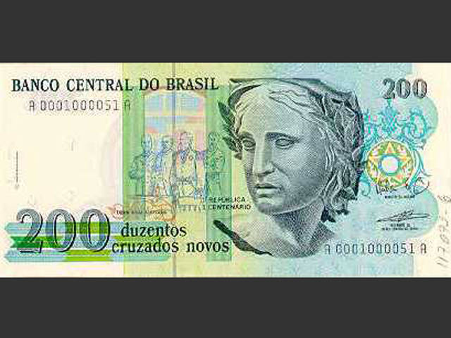 Nota de NCz$ 200. O Cruzado Novo foi a moeda vigente no Brasil de 16 de janeiro de 1989 a 15 de março de 1990