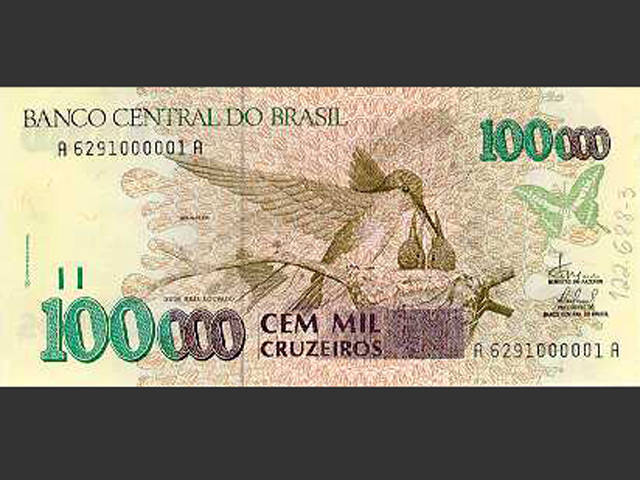 Nota de Cr$ 100 mil. O Cruzeiro retorna de 16 de março de 1990 a 31 de julho de 1993