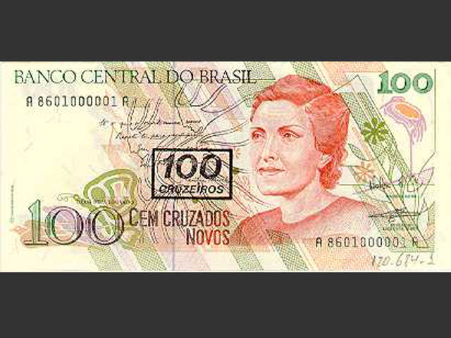 Nota de Cr$ 100. O Cruzeiro retorna de 16 de março de 1990 a 31 de julho de 1993