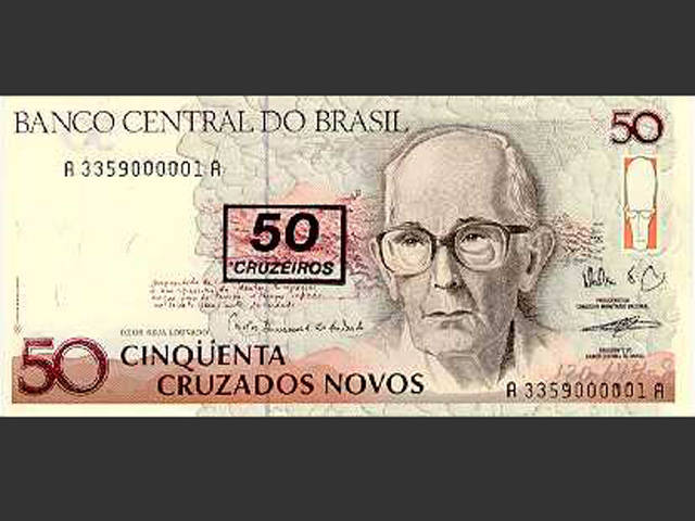 Nota de Cr$ 50. O Cruzeiro retorna de 16 de março de 1990 a 31 de julho de 1993
