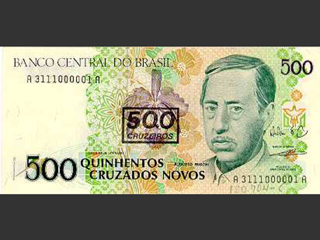 Nota de Cr$ 500. O Cruzeiro retorna de 16 de março de 1990 a 31 de julho de 1993