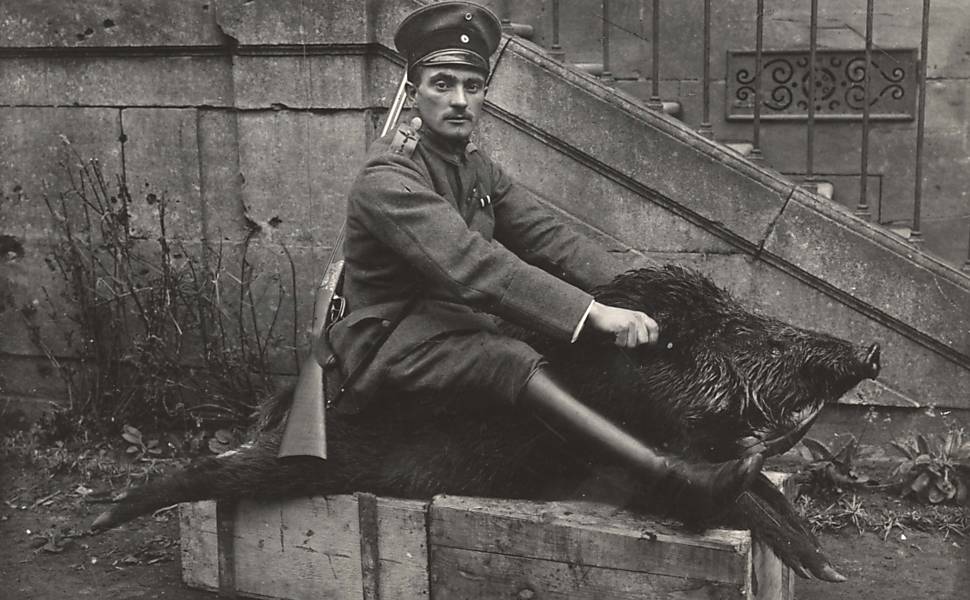 Foto de 1918 mostra oficial das Forças Aéreas alemãs sentado em javali morto, do lado de fora de casa para onde ele foi enviado, perto da fronteira oeste da guerra