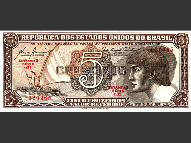 Nota de Cr$ 5. O Cruzeiro foi a moeda vigente no Brasil de novembro de 1942 a 12 de fevereiro de 1967