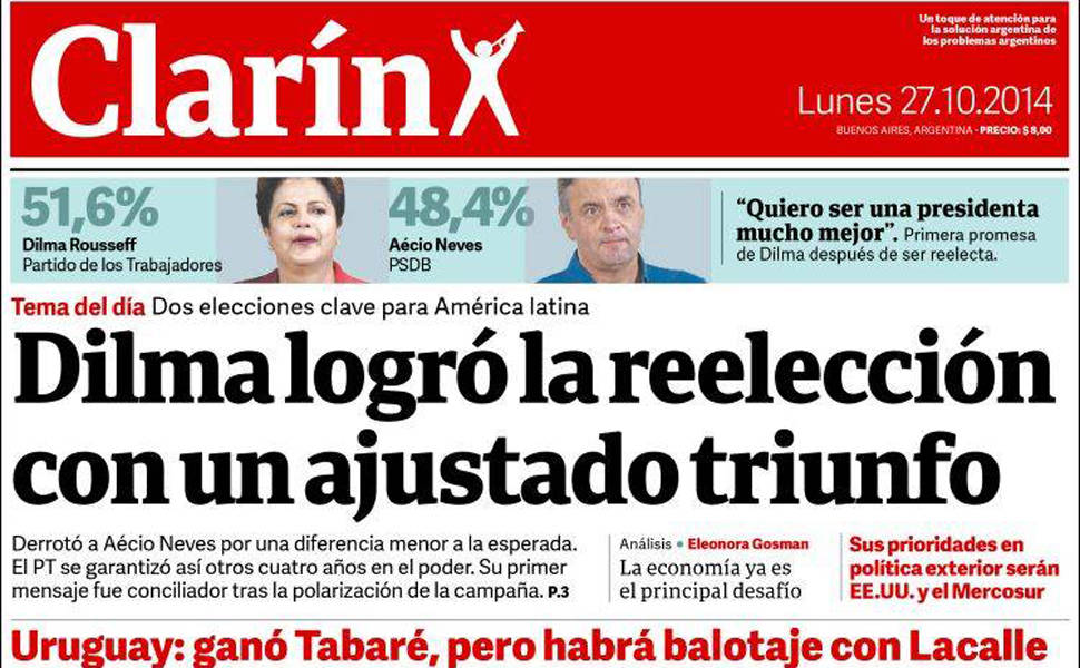 "Clarín" (Argentina): "Dilma conseguiu a reeleição com um apertado triunfo"
