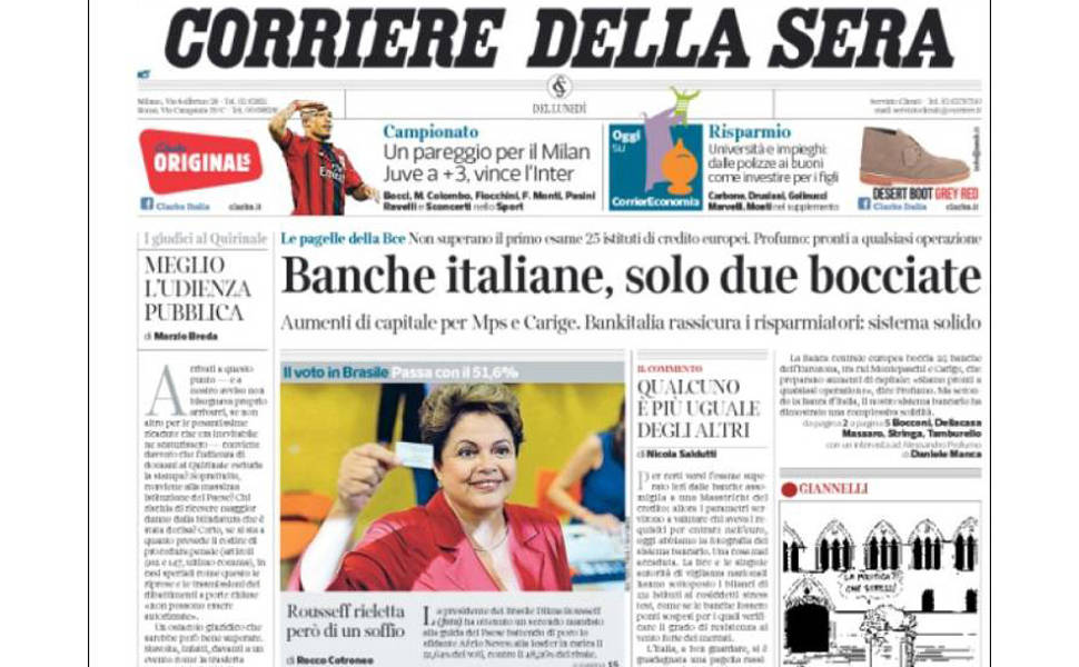 "Corriere della Sera" (Itália): "Rousseff reeleita, mas por um fio"