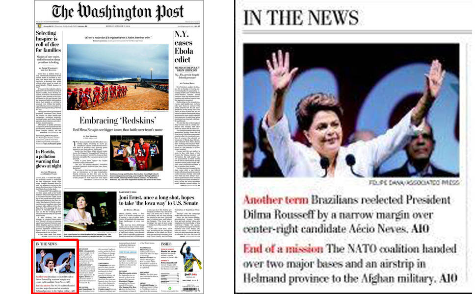 "The Washington Post" (Estados Unidos): "Brasileiros reelegem presidente Dilma Rousseff por uma estreita margem sobre o candidato de centro-direita Aécio Neves"