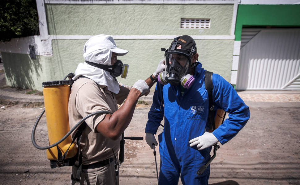 Agentes de combate a endemias durante trabalho no Bairro Mochila