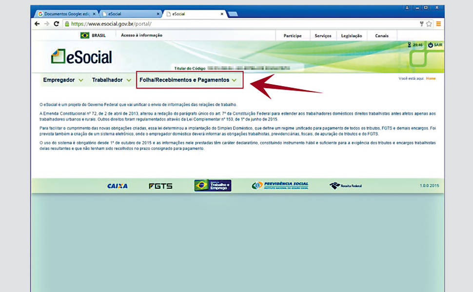 Na página inicial após acessar o eSocial, clique no campo Folha/Recebimentos e Pagamentos