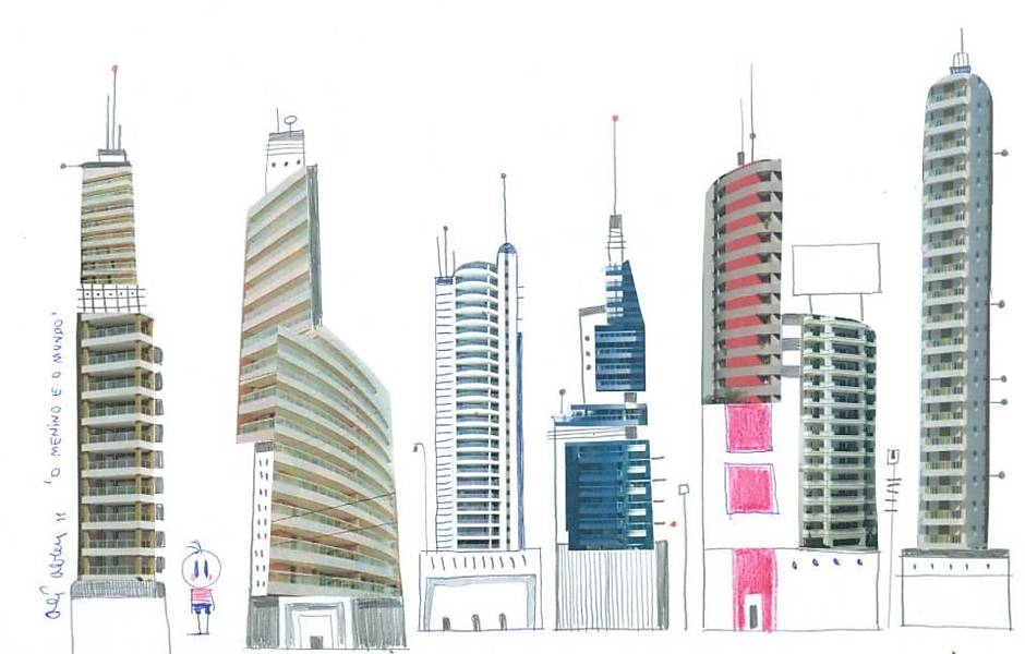 Feito a caneta esferográfica Bic, o Menino posa ao lado de prédios no estudo de elementos para cenário, criado com lápis grafite, giz de cera, lápis de cor e colagens sobre uma folha de sulfite branca