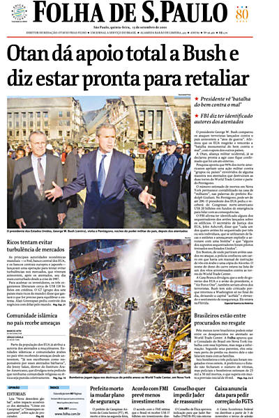 No dia 13 de setembro, "Otan dá apoio total a Bush e diz estar pronta para retaliar"