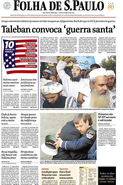 Em 16 de setembro, a primeira página informa que o Taleban convocou uma "guerra santa"