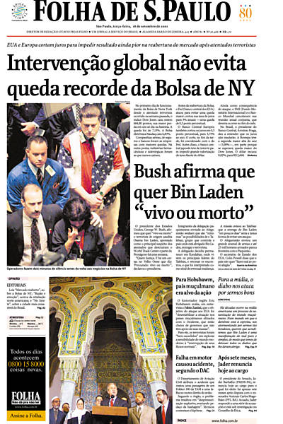 A primeira página da Folha uma semana depois do ataque