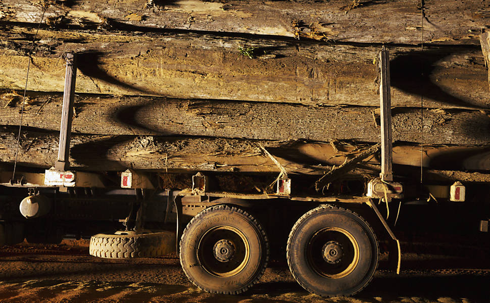 Caminhão carregado com toras de ipê extraídas ilegalmente é apreendido por agentes do Ibama na rodovia Transamazônica, no município de Uruará (PA)