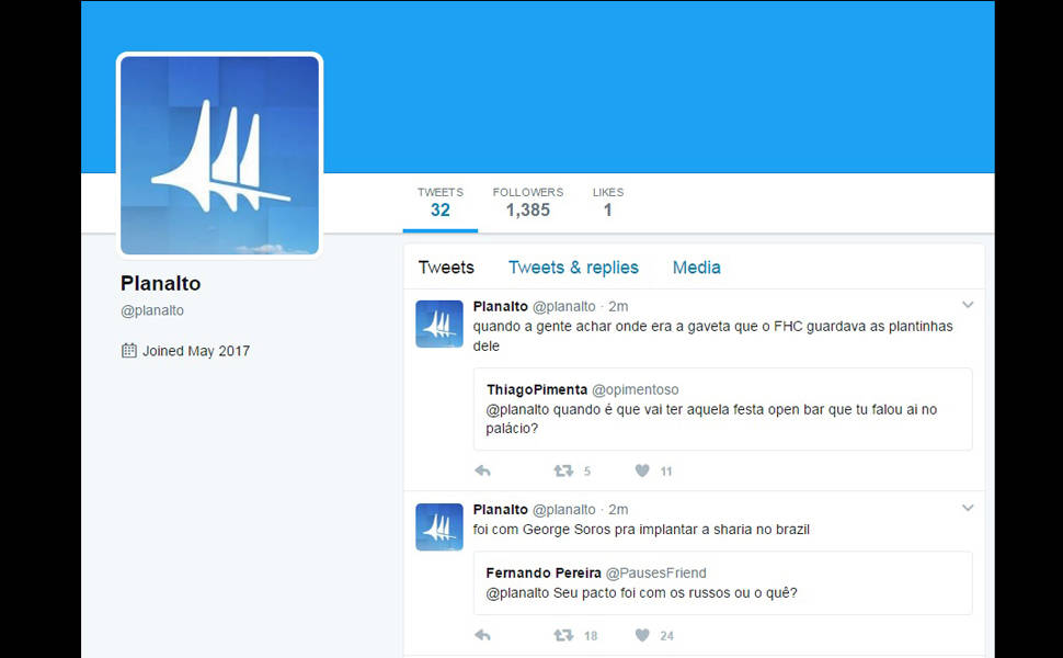 Planalto perde conta no Twitter e novo perfil faz posts contra Temer