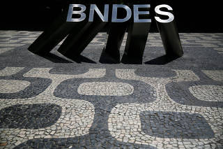 The logo of Brazil's development bank BNDES is pictured outside of the building in Rio de Janeiro