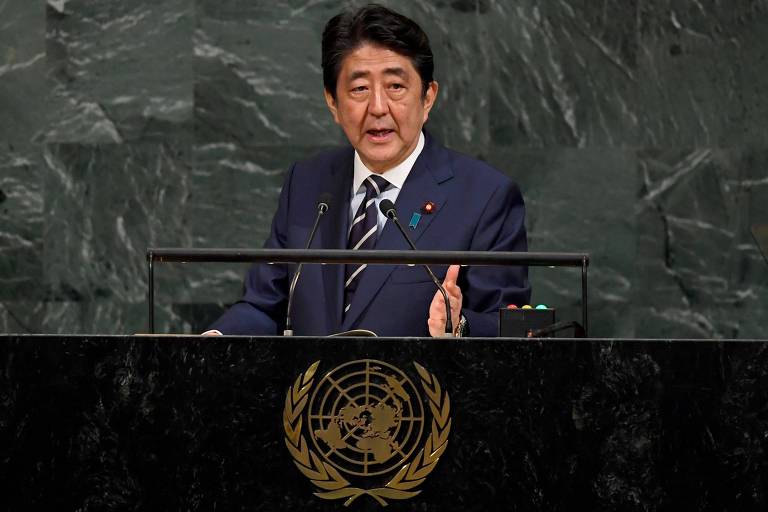 Shinzo Abe, Prime Minister of Japan, addresses the 72nd UN General Assembly on September 20, 2017, at the United Nations in New York. / AFP PHOTO / TIMOTHY A. CLARY ORG XMIT: TC044