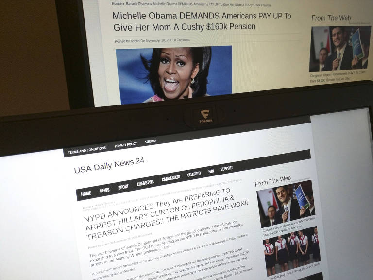 This photograph taken in Paris Friday Dec. 2, 2016 shows stories from USA Daily News 24, a fake news site registered in Veles, Macedonia. An Associated Press analysis using web intelligence service Domain Tools shows that USA Daily News 24 is one of roughly 200 U.S.-oriented sites registered in Veles, which has emerged as the unlikely hub for the distribution of disinformation on Facebook. Both stories shown here are bogus. (AP Photo/Raphael Satter)? ORG XMIT: PAR109