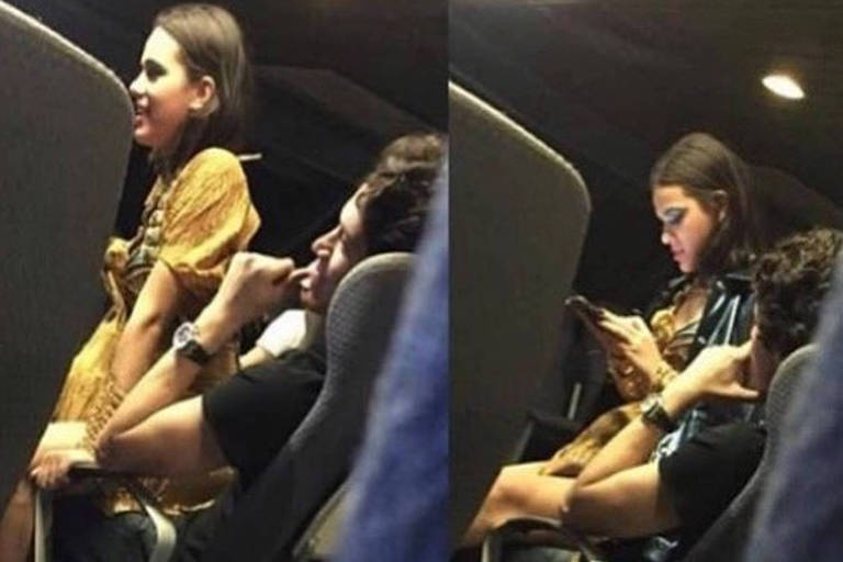 A atriz Bruna Marquezine sentada no colo de um rapaz nos EUA