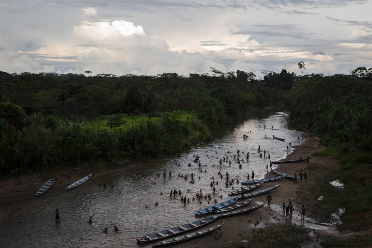 Pessoa em rio cercado de floresta; às margens, canoas