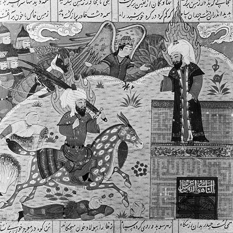 O Anjo Gabriel mostra a proeza de Ali ao profeta Maom', miniatura persa realizada em torno de 1480