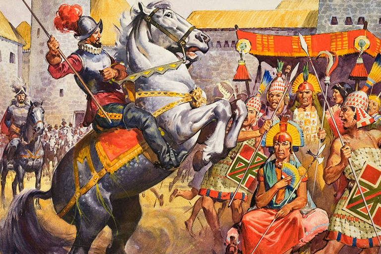 Pintura retrata conquistador espanhol sobre cavalo em frente a incas