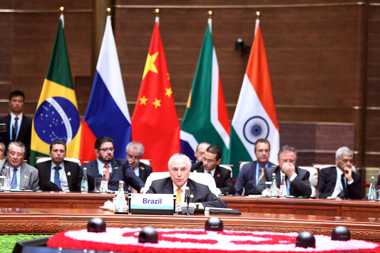 O presidente Michel Temer discursa na cúpula dos Brics em Xiamen, na China, em setembro