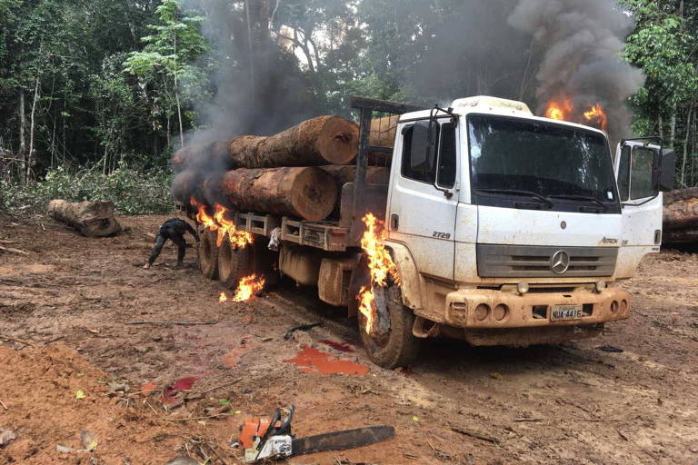 Caminhões com toras que foram apreendidos e destruídos em terra indígena pelo Ibama