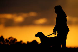 A woman walks her dog at sunset at Anchor Bay outside Mellieha