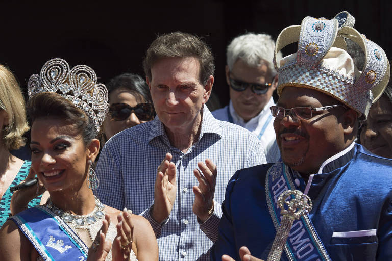O prefeito do Rio de Janeiro, Marcelo Crivella, durante cerimônia de entrega da chave da cidade ao Rei Momo do Carnaval