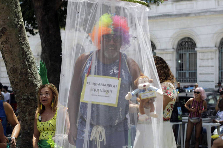 Estivador aposentado e morador da zona porturia carioca, William Varella, 60, veio com uma tela antimosquito para o desfile do Prata Preta.