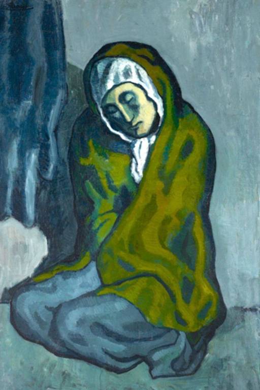 A pintura "The Crouching Beggar". Uma pessoa se encontra agachada e encolhida, com um pano por cima da maior parte do corpo