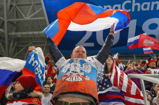 Russian fans celebrate a goal against the United States men?s hockey team on Saturday, Feb. 17, 2018, in Gangneung, South Korea.
