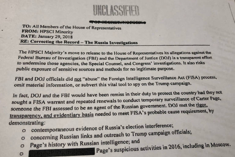 Documento divulgado pela minoria democrata na Câmara dos EUA em resposta  ao memorando republicano sobre os supostos excessos do FBI  na investigação possível  entre a Rússia e a campanha presidencial de Trump em 2016