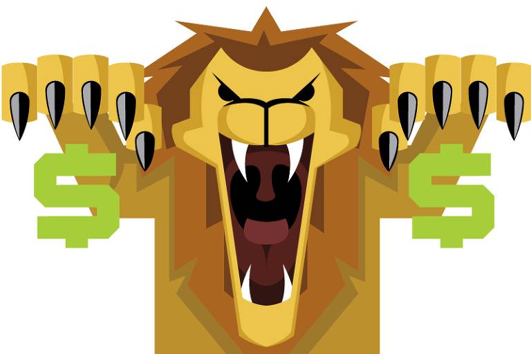 Desenho mostra um leão com a boca aberta e dentes aparentes com as patas levantadas em sinal de ataque. Abaixo das garras, há um cifrão. 