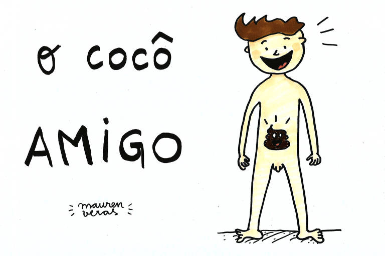 Desenho de um menino de três anos sorrindo, em sua barriga o desenho de um cocô. Ao lado o título da obra: O cocô amigo.