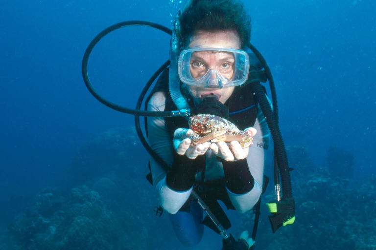 Sylvia Earle durante mergulho em Florida Keys (EUA), segurando um caranguejo