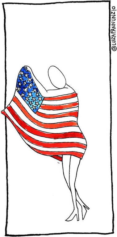Ilustração, uma mulher enrolada com a bandeira do Estado Unidos