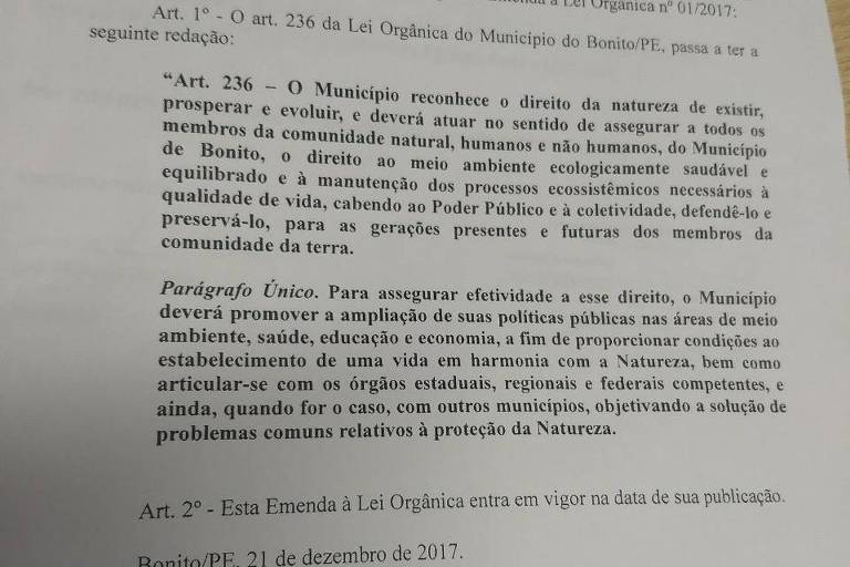 Principal lei do município de Bonito (PE) reconheceu o direito da natureza de "existir, prosperar e evoluir"