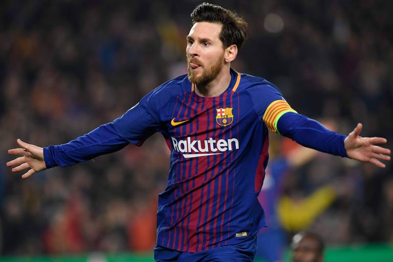O argentino Lionel Messi comemora seu segundo gol na partida contra o Chelsea, pela Liga dos Campeões