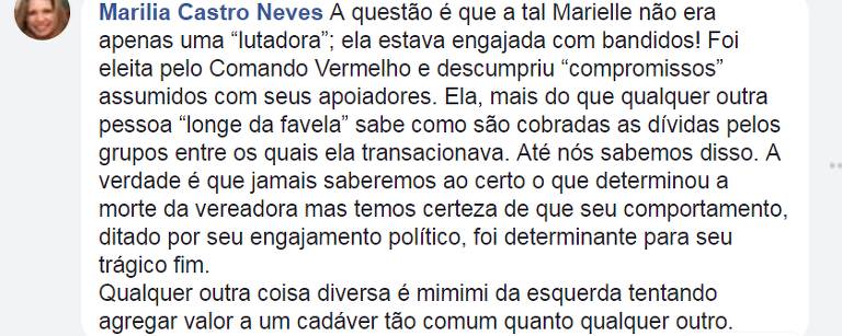 Foto mostra comentário da desembargadora Marília de Castro Neves que liga a vereadora Marielle, morta na semana passada, ao tráfico de drogas