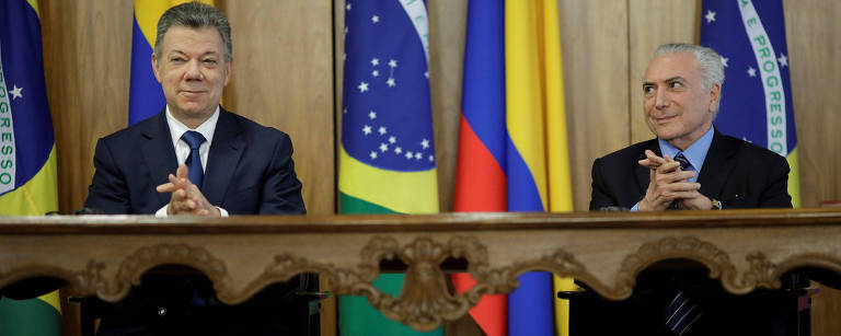 O presidente colombiano, Juan Manuel Santos, durante encontro com Michel Temer nesta terça, em Brasília 