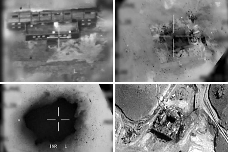 Quadros em preto e branco mostram o momento em que as forças de Israel atacam um suposto reator nuclear da Síria em 20 de março de 2007
