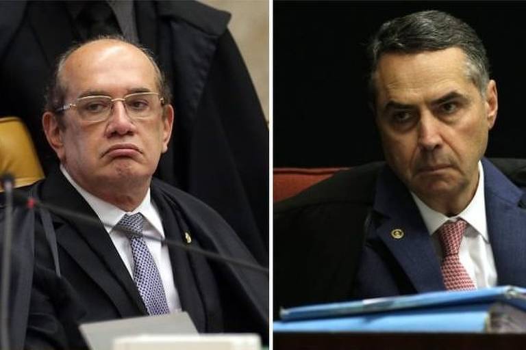 Montagem mostra os ministros do STF Gilmar Mendes e Luis Roberto Barroso; sessão no tribunal foi interrompida após discussão entre os dois