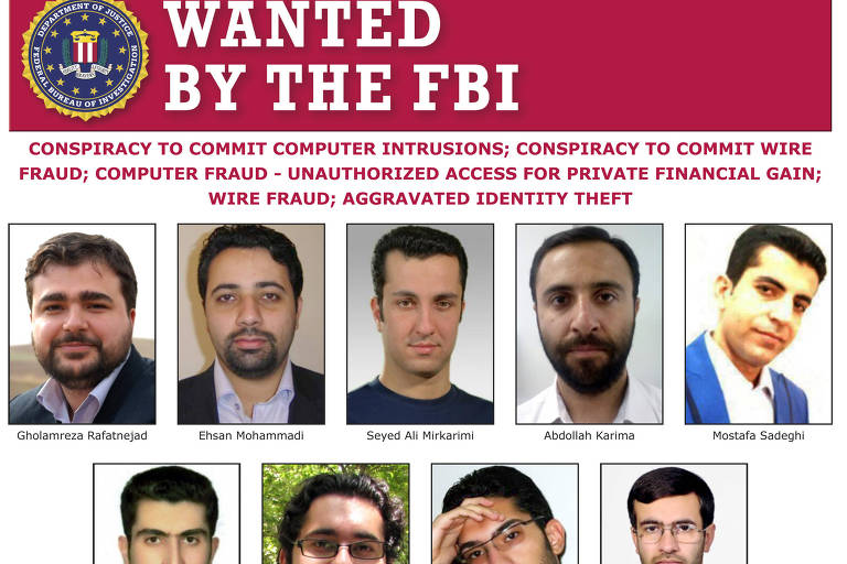Poster do FBI com fotos de iranianos procurados por acusações de roubo de informações e ciberataques
