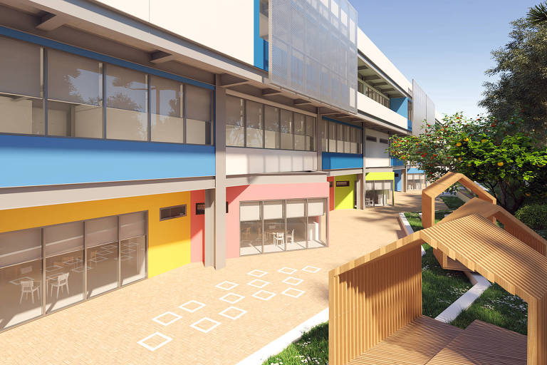 projeto de escola horizontal com áreas verdes