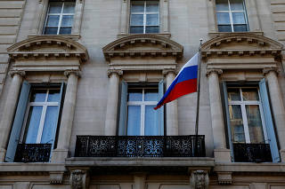 The Russian flag flies on the Consulate-General of the Russian Federation in Manhattan in New York City